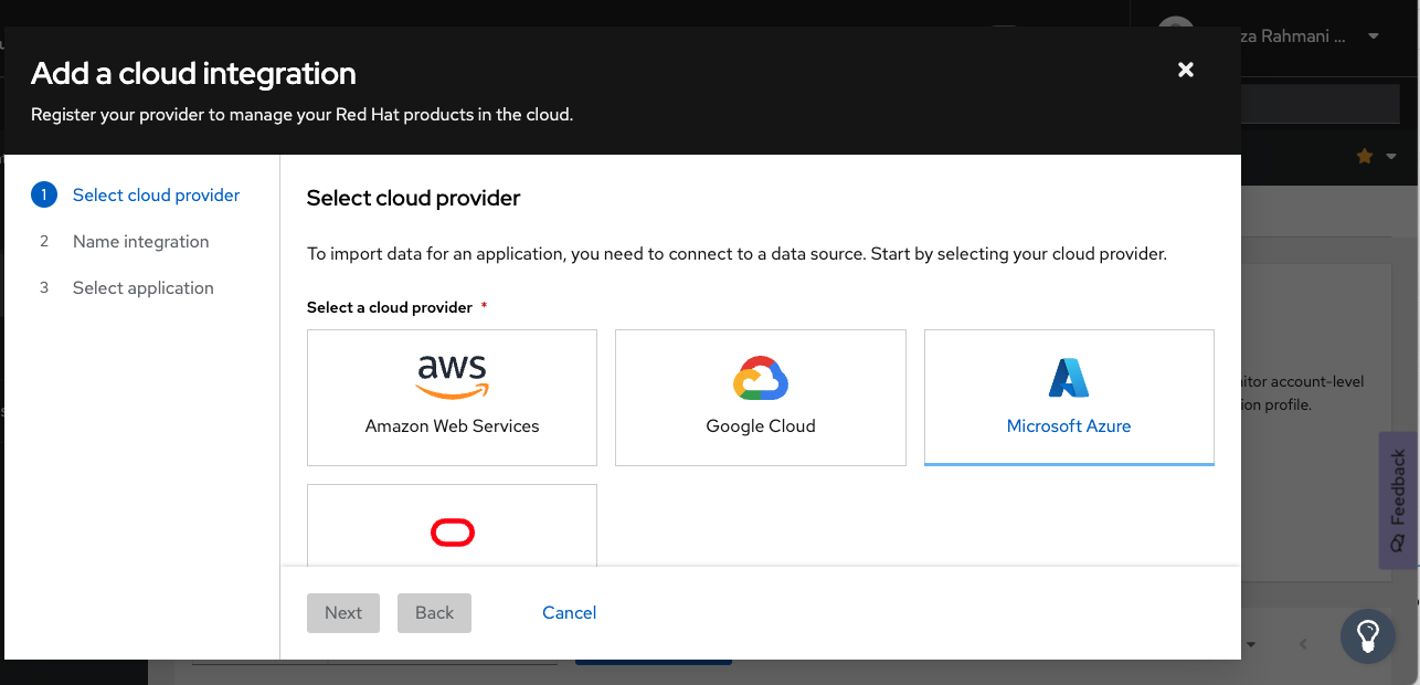 Cloud provider options in the cloud integration wizard