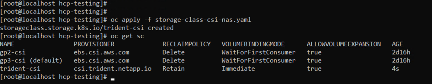 Command line results showing names, provisioners, reclaim policy, volume binding mode, allow volume expansion, and age of created storage classes.