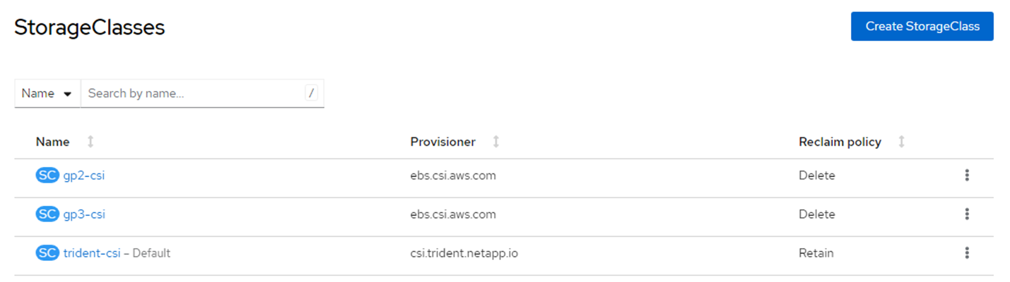 StorageClasses screen in console displaying trident-csi as default.