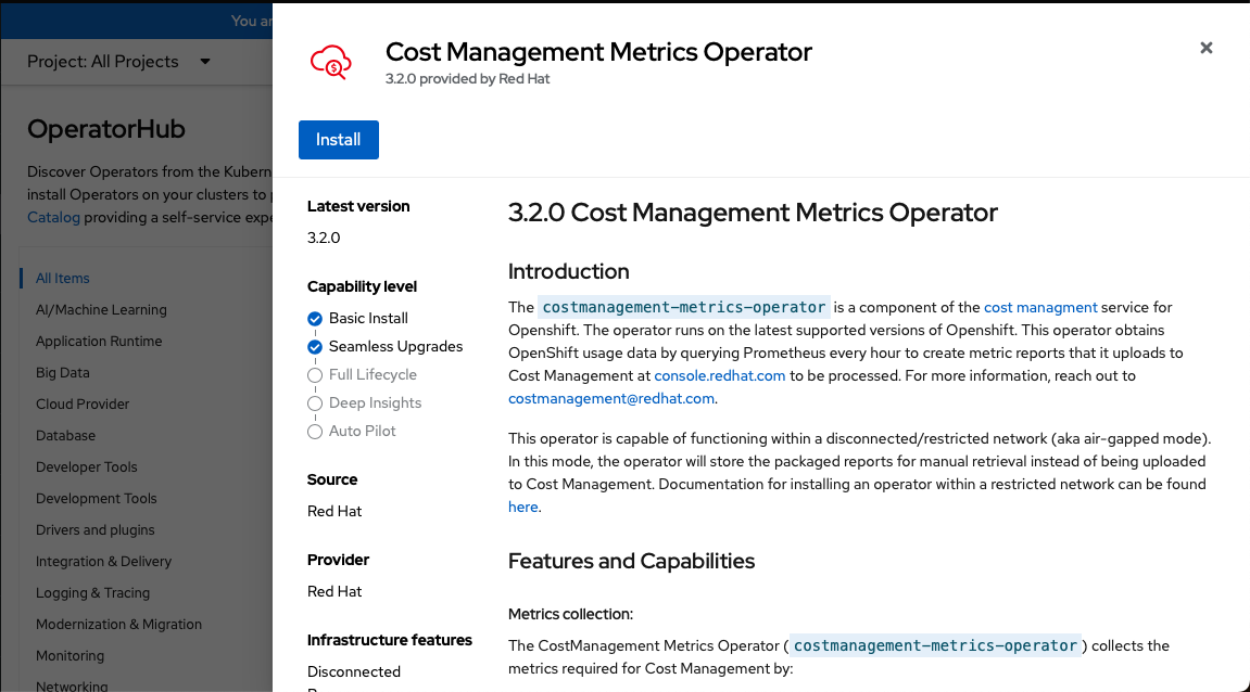 Details about the Cost Management Metrics Operator