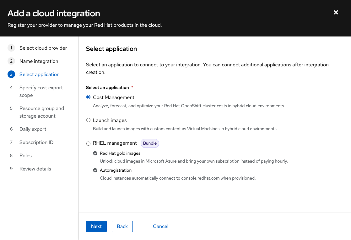 Select the application in the cloud integration wizard