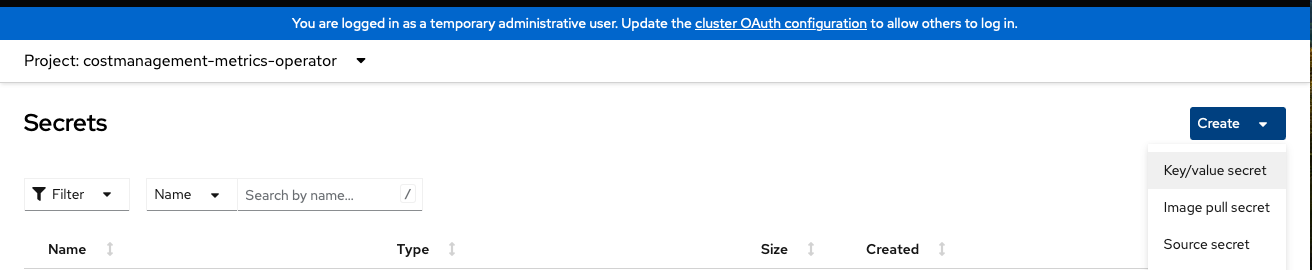 View of the key/value secrets for the project with the Create dropdown menu selected
