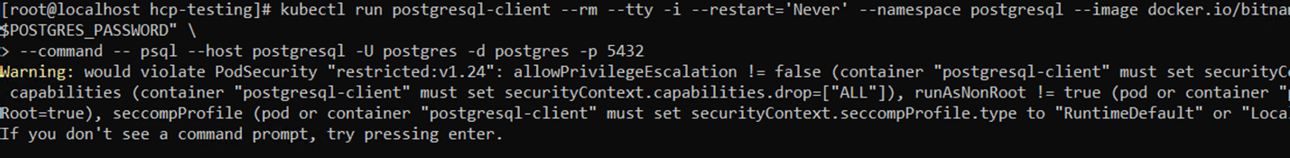 Comman line readout after using command to run postgresql client.