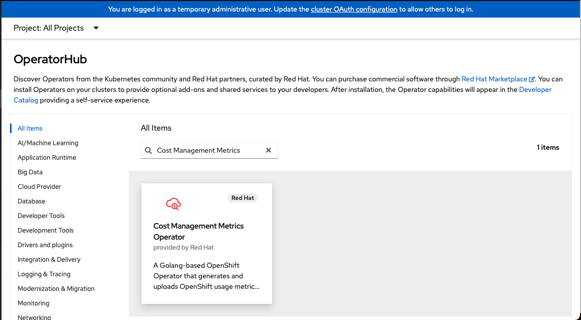 View of OperatorHub with Cost Management Metrics Operator in the search results