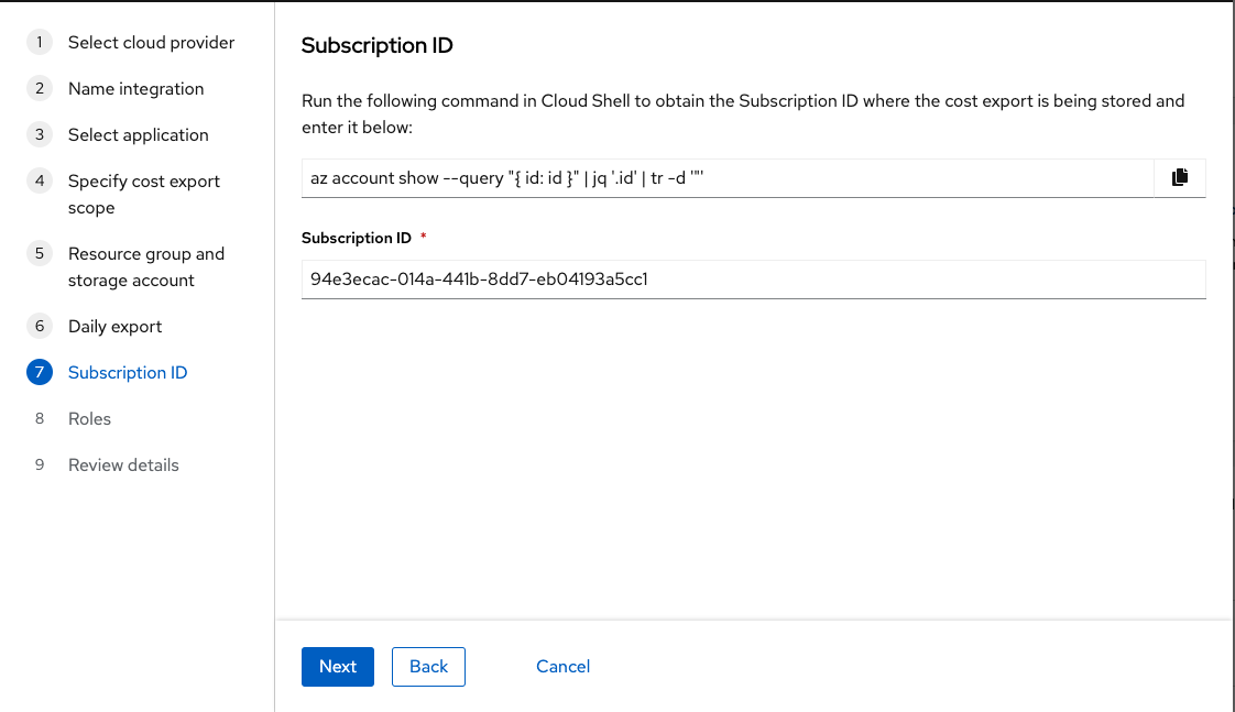 Subscription ID name in the cloud integration wizard