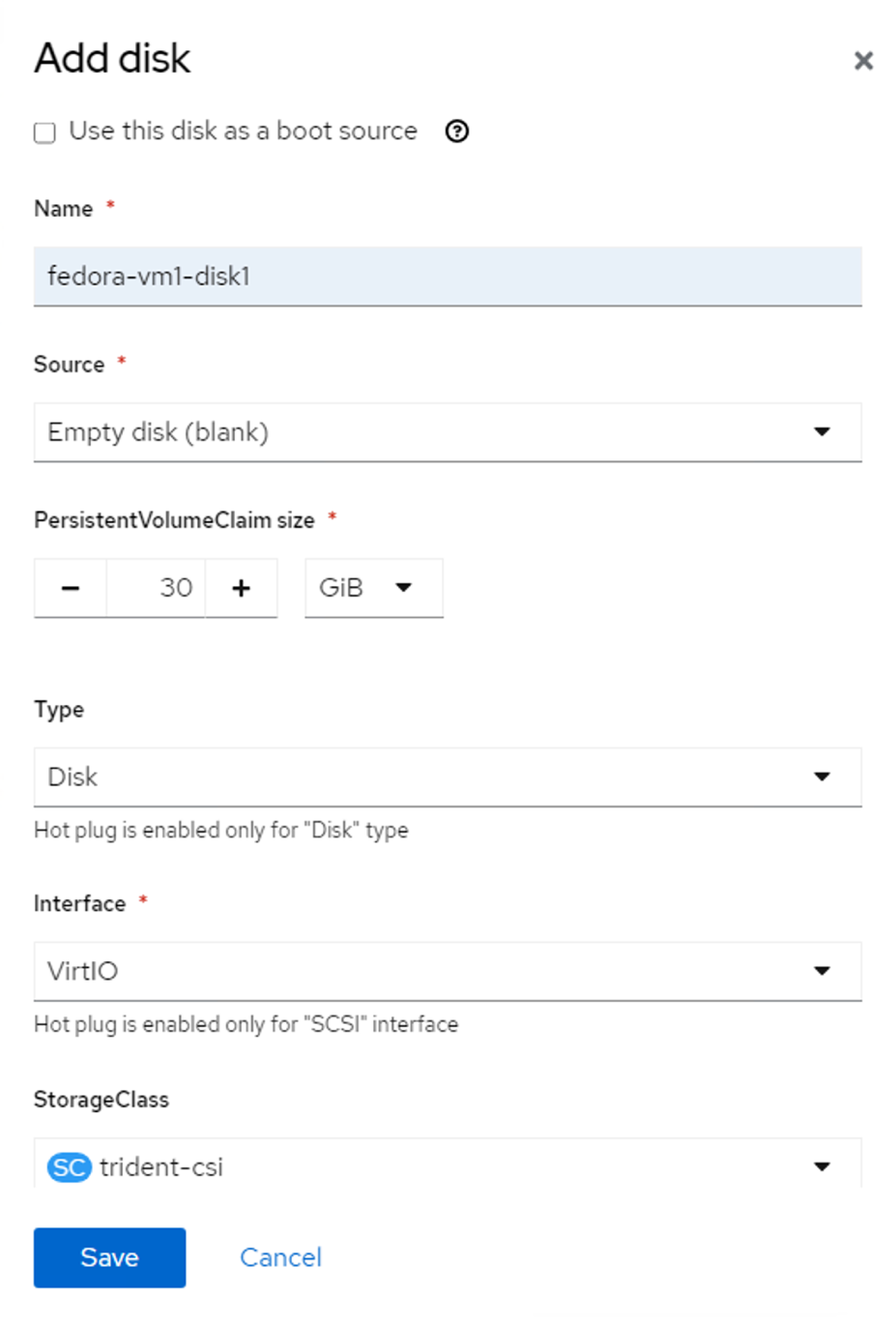 Add disk screen with trident-csi set as the StorageClass.