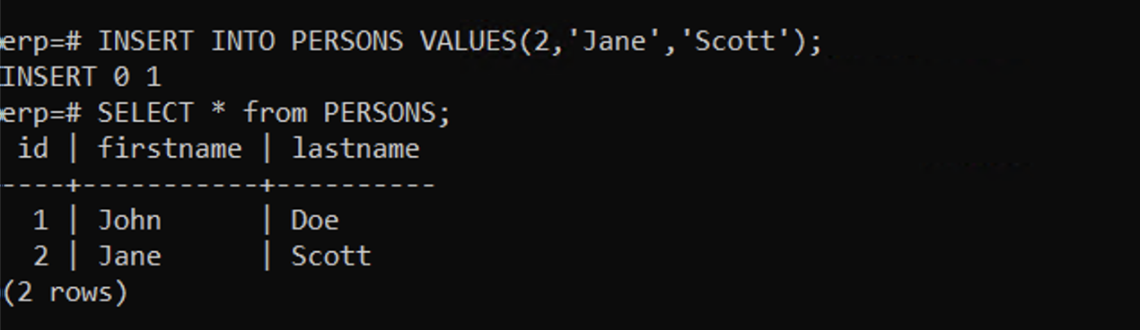 Example created database with two rows. One for John Doe (id=1) and Jane Scott (id=2)