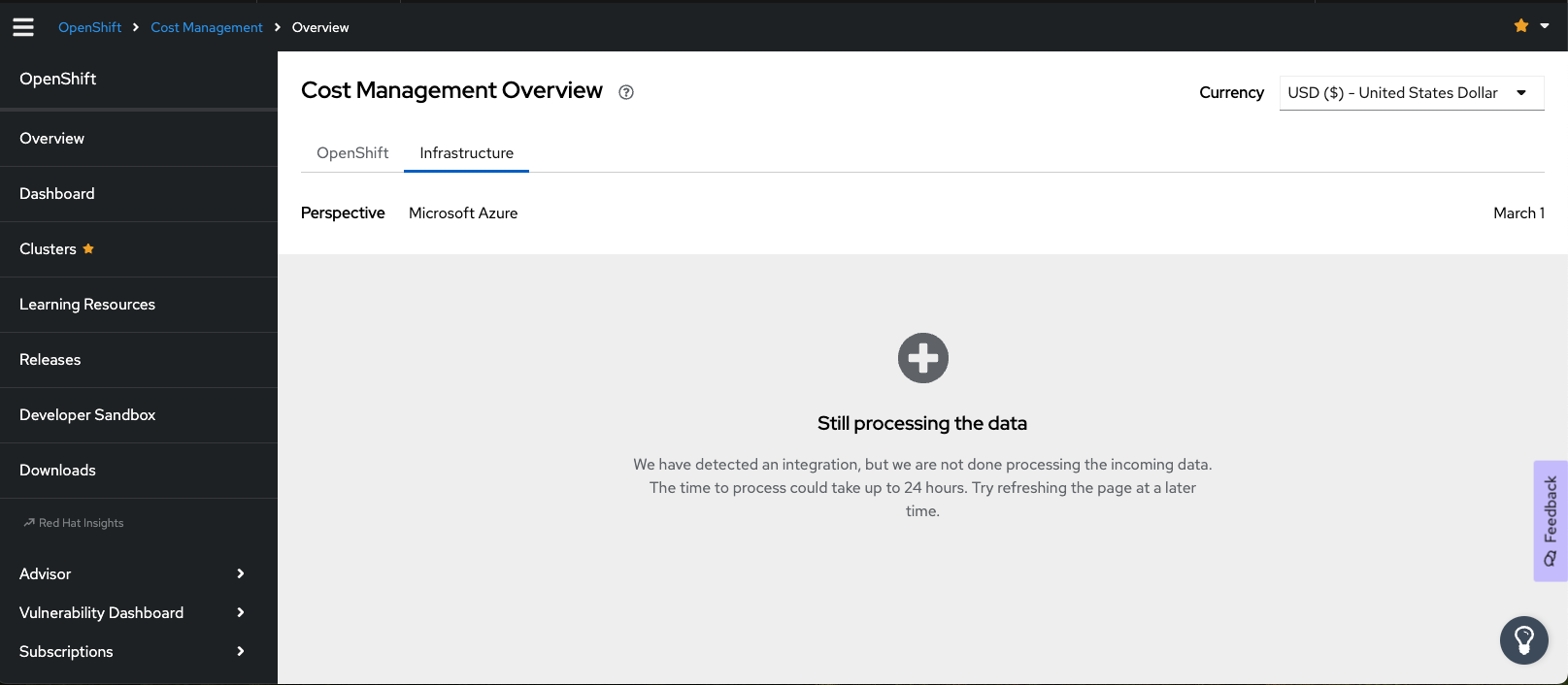 Cost Management dashboard with a notice stating, “Still processing the data”