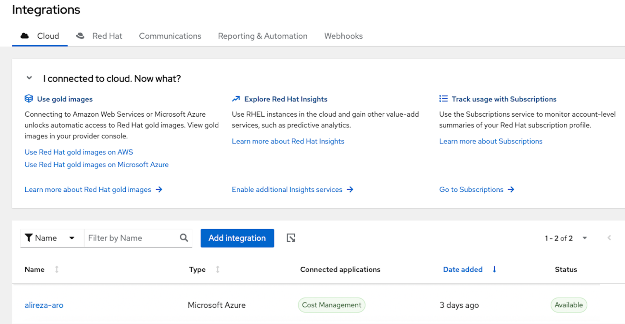 View of user’s integrations in the console