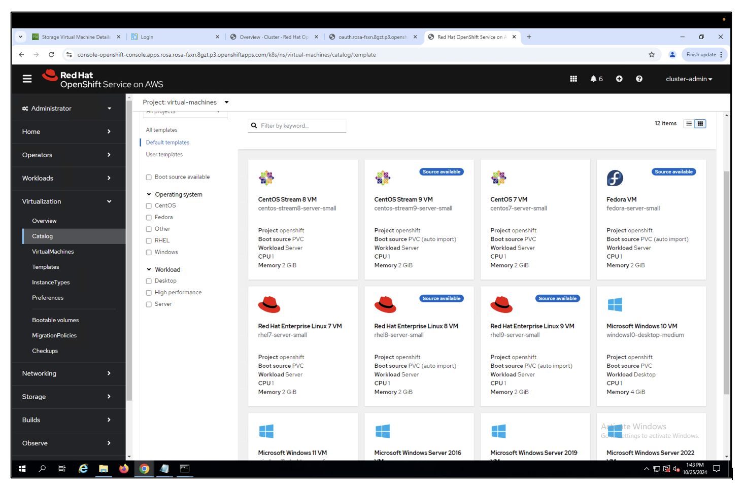 Red Hat console screen displaying different types of available VirtualMachine templates, including multiple OS and workload types. 