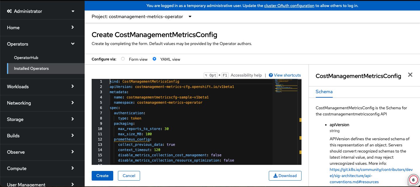 YAML view of the CostManagementMetricsConfig instance being created