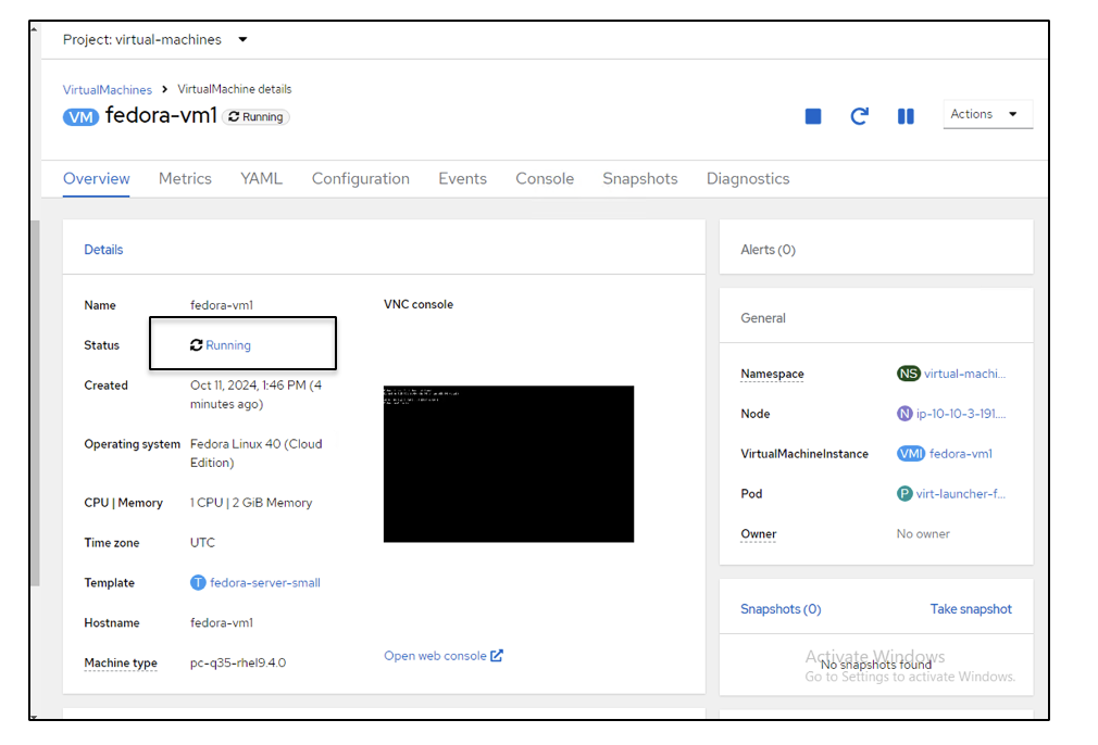 Virtual machine screen showing newly created VM with a Running status. 