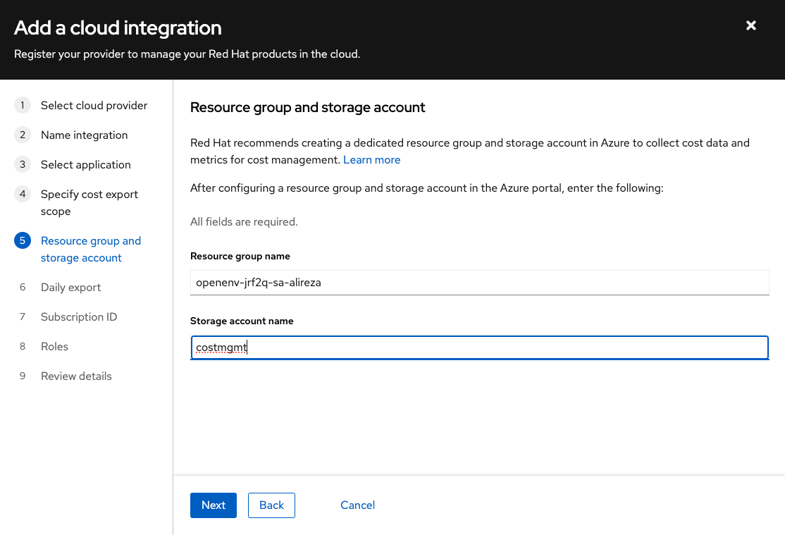 Resource group name and Storage account names in the cloud integration wizard