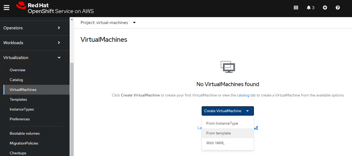 Red Hat console screen with VirtualMachines tab open. Create VirtualMachine menu open and "From template" selected. 