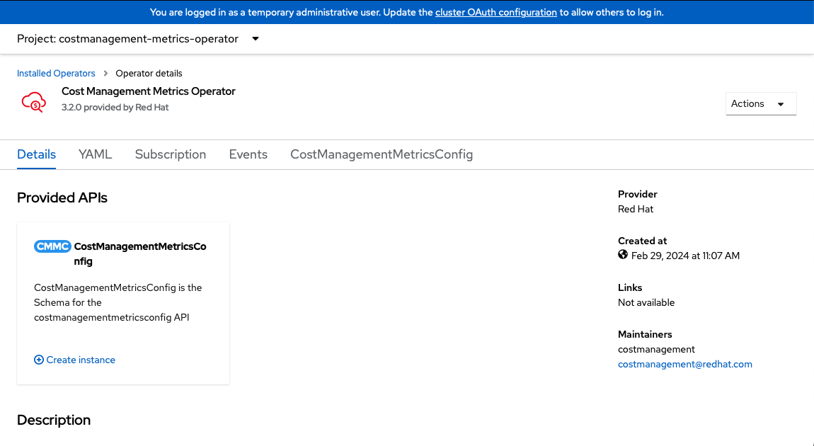 View of Installed Operators with the Cost Management Metrics Operator installed