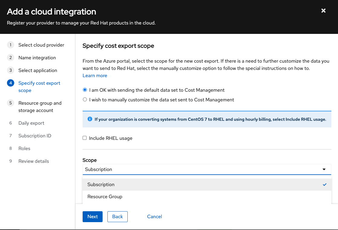 Select Subscription under the Scope drawdown menu