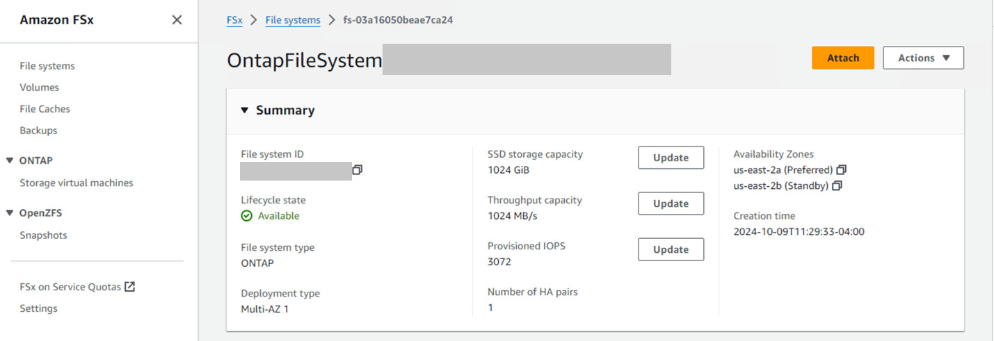 The Amazon console page displaying the newly created OntapFileSystem and its availability. 