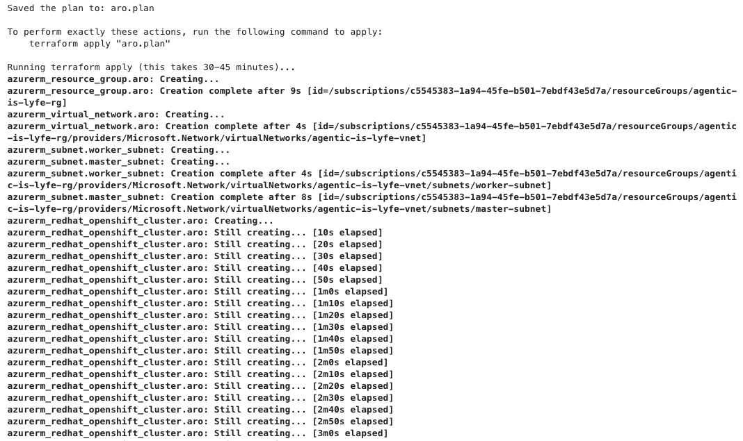 Console showing terraform applying to the cluster and the amount of time elapsing for the process to take place.