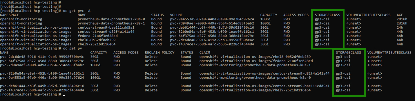 Command line results from "oc get pvc -4" command showing existing storage classes over multiple namespaces. 