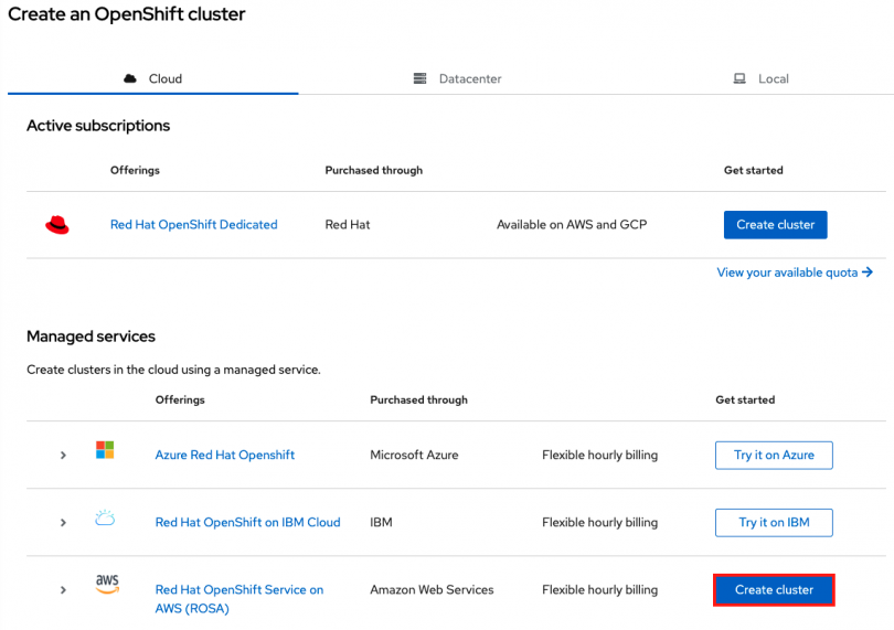 Managed services screen and the “Create cluster” button