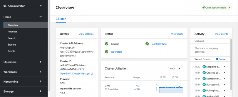 Screenshot of the “Administrator” panel on the OpenShift Cluster Manager console